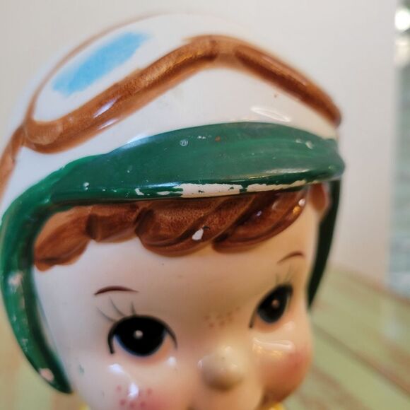 Vintage Freckled Little Boy with Helmet, Goggles, & Red Car Planter - 1960's - Picture 8 of 16